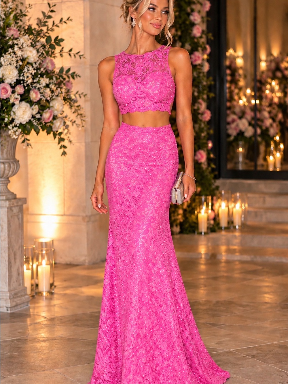 Morrell Maxie Pink Lace Rhinestone 2 Piece Prom Gown Size 6
